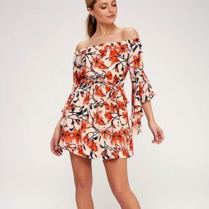 Blushing Blooms Nude Floral Print Off-the-Shoulder Dress